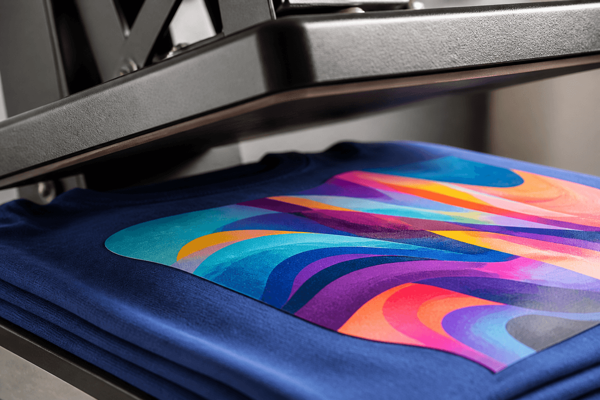 Close-up of a freshly heat-pressed full-colour print on a cotton t-shirt showing crisp detail