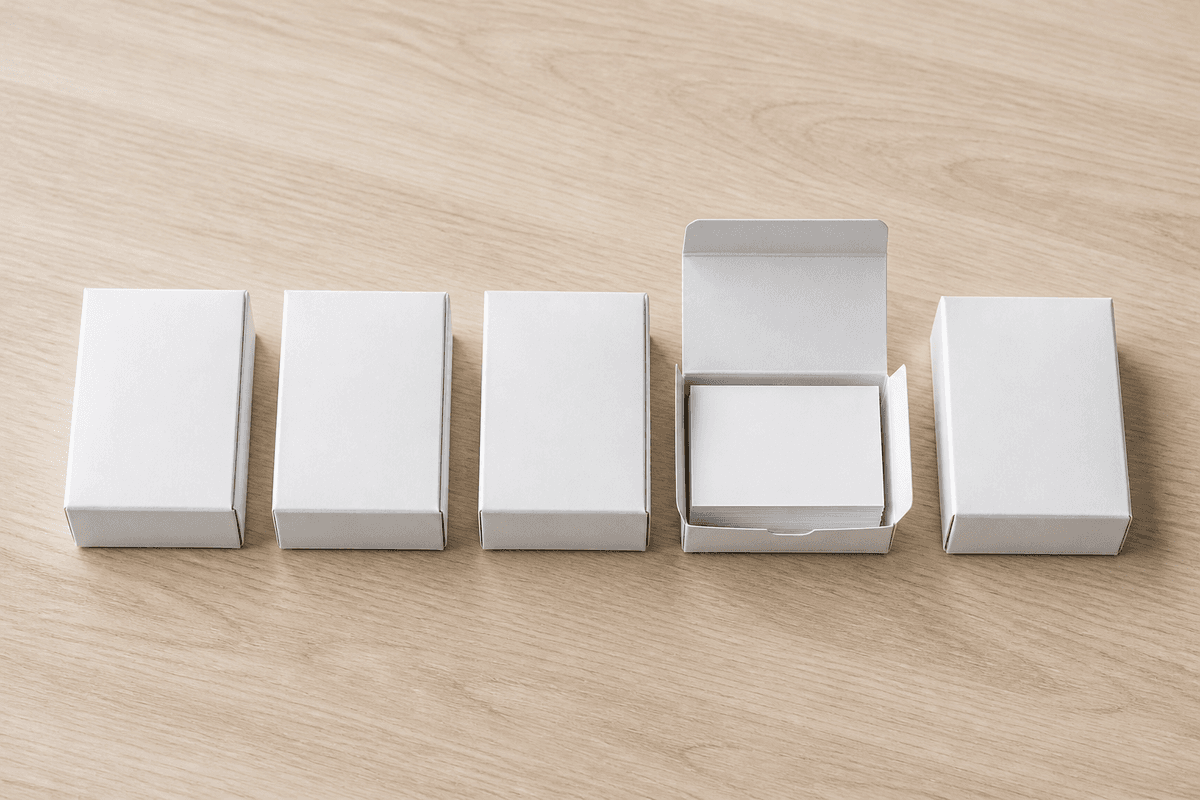 Boxes of blank business cards lined up on a desk to plan an order quantity