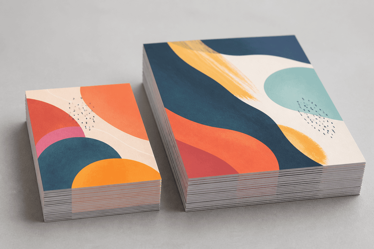 Two stacks of printed flyers in different sizes on a neutral surface, showing A5 next to A4