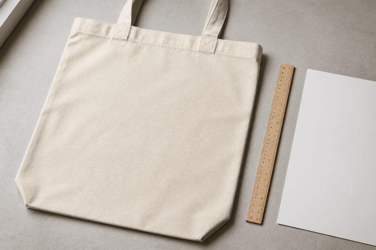 Blank canvas tote bag laid flat next to a ruler and paper, showing print area sizing for tote bag printing