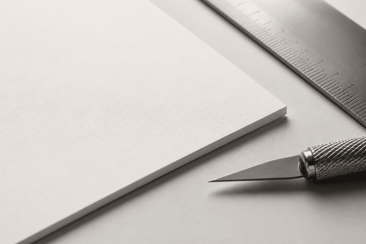 Blank printed name card beside a ruler and trimming blade showing its cut edge and card thickness