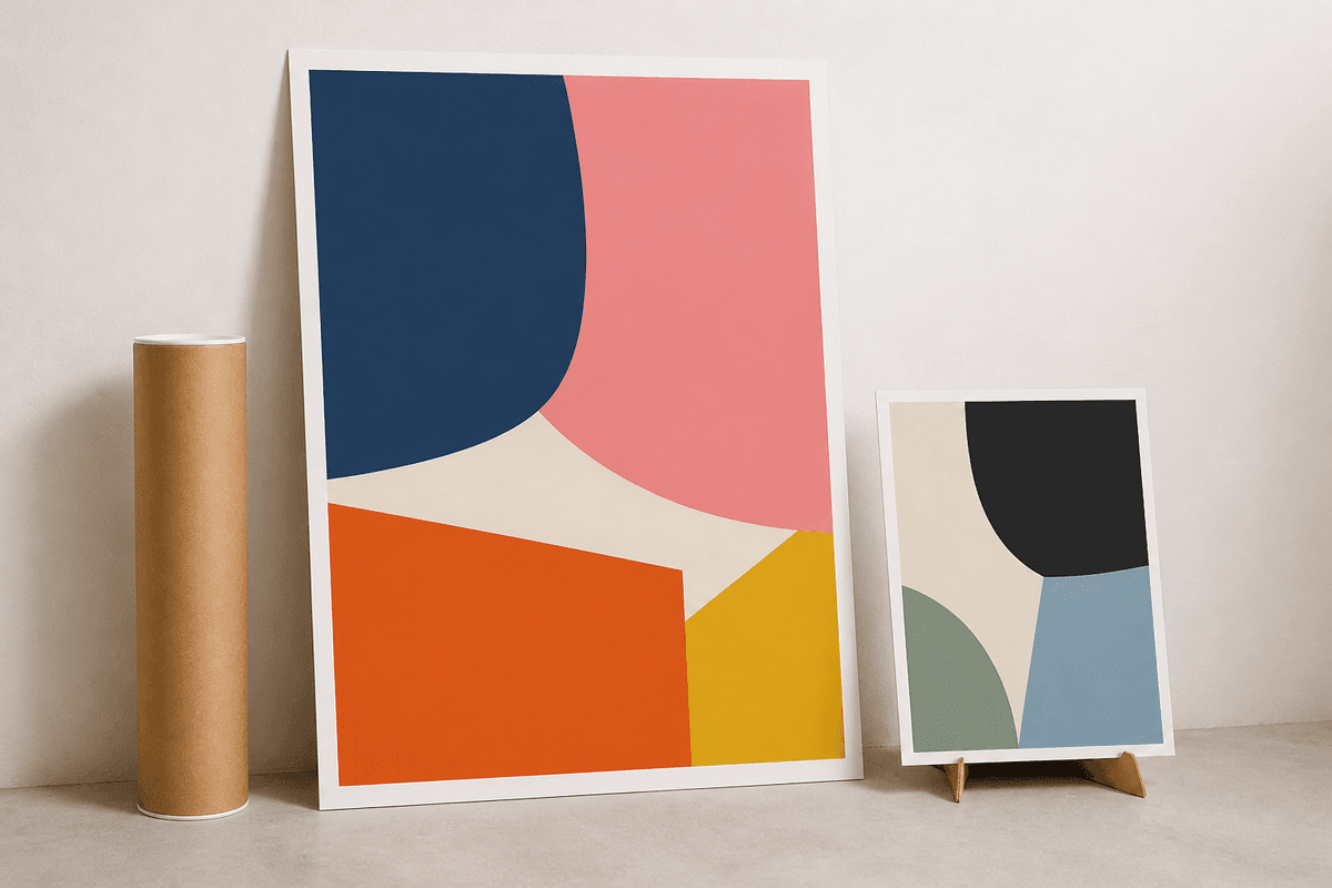 Large mounted graphic poster leaning against a wall beside a rolled poster and a small standee poster