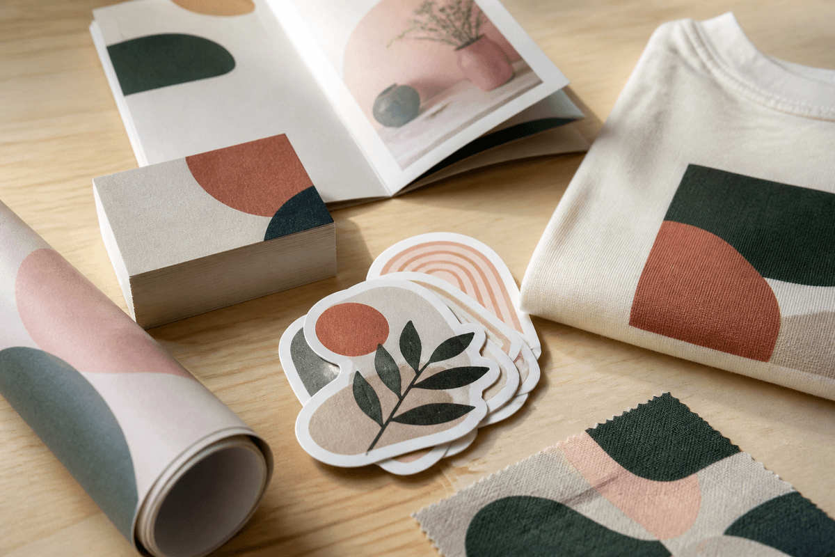 Assortment of printed products — name cards, stickers, flyers and a poster — laid out on a table