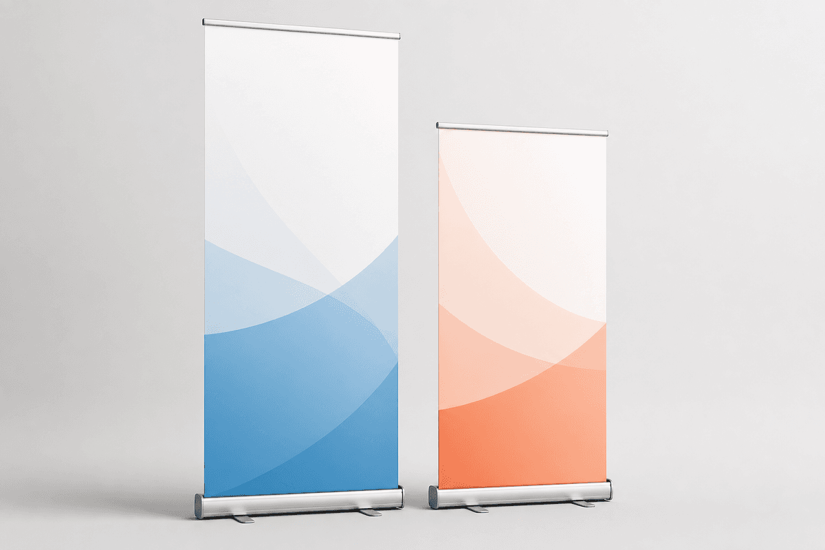 Two roll-up banners of different heights shown side by side to compare sizes