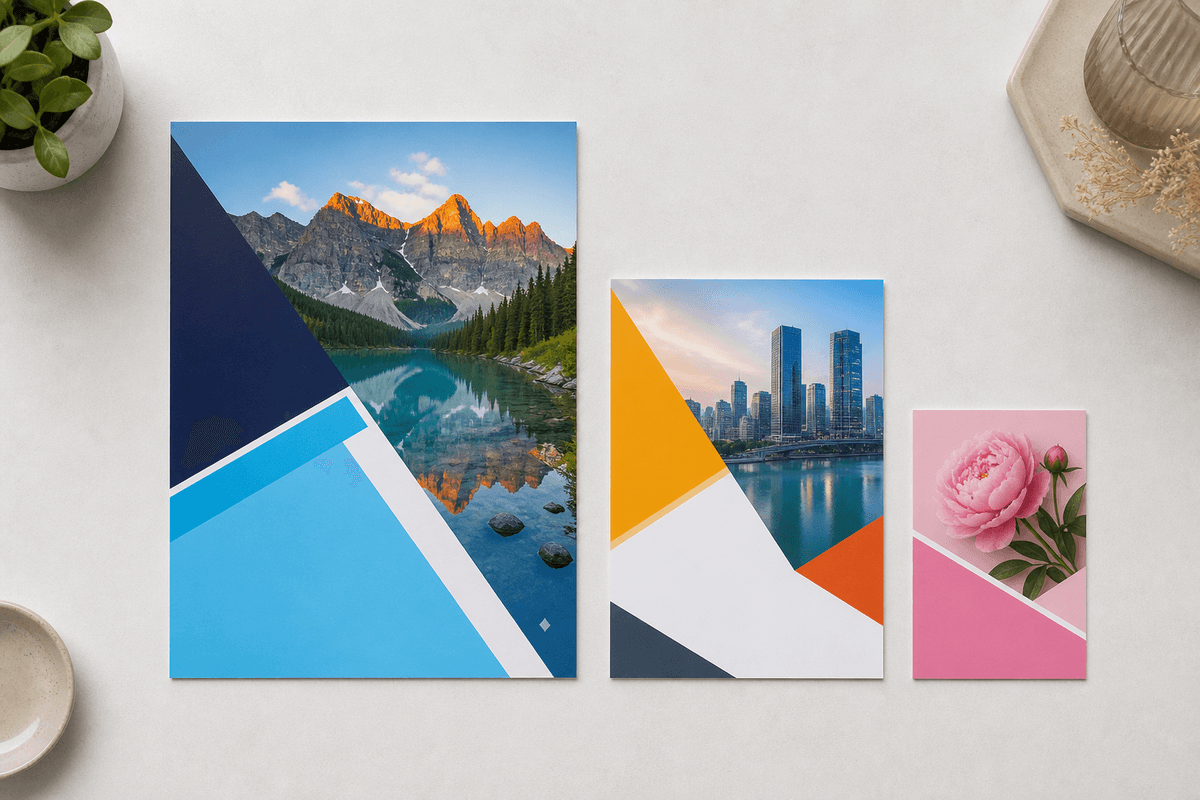 Printed flyers in A4, A5 and A6 sizes side by side
