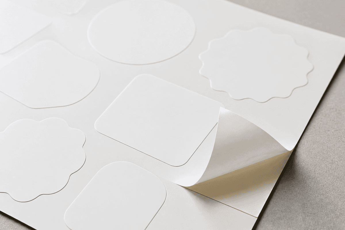 A sheet of blank die-cut stickers being peeled at one corner on a neutral surface