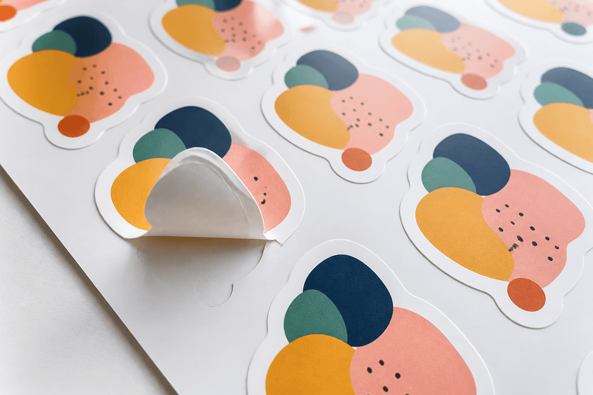 A printed sheet of custom die-cut stickers with one sticker half peeled to show the cut edge