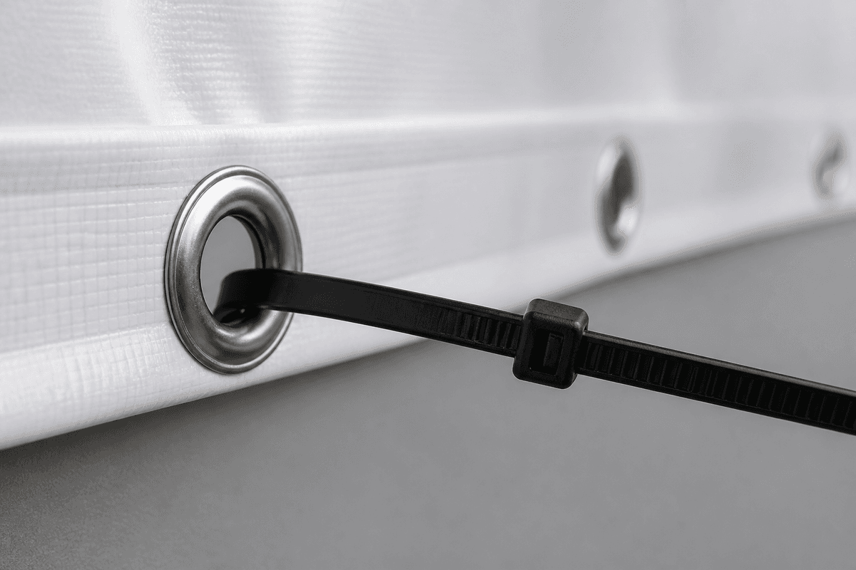 Close-up of metal eyelets punched along the edge of a blank PVC banner with a cable tie threaded through one ring