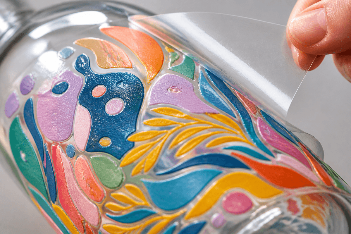 A UV DTF transfer being peeled and pressed onto a curved glass bottle, showing the design bonding to the surface