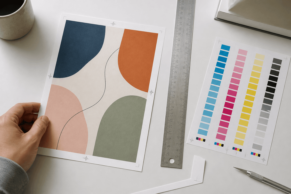 Printed flyer proof with ruler and CMYK colour swatches on a desk